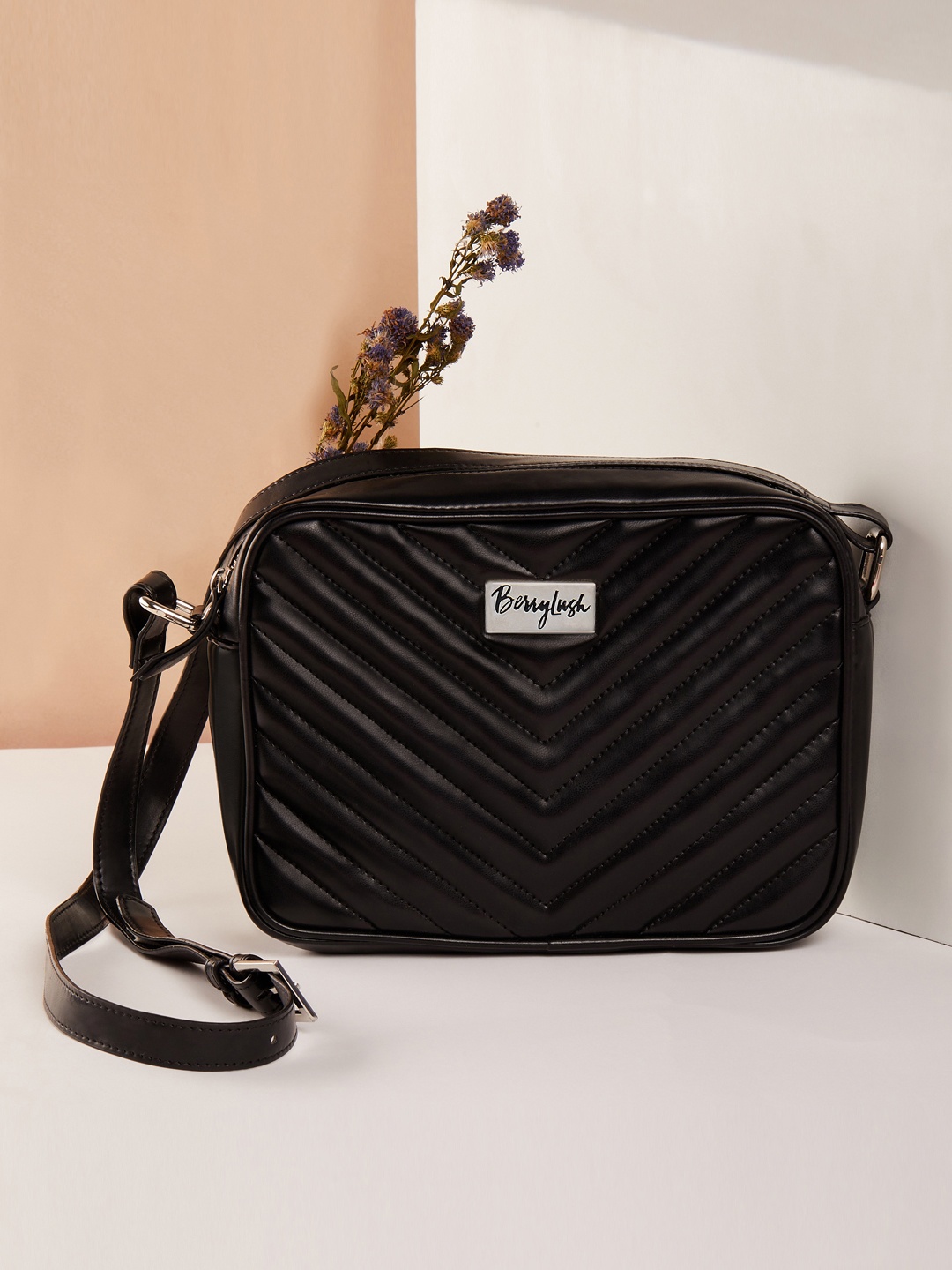 

Berrylush Women Black PU Quilted Sling Bag
