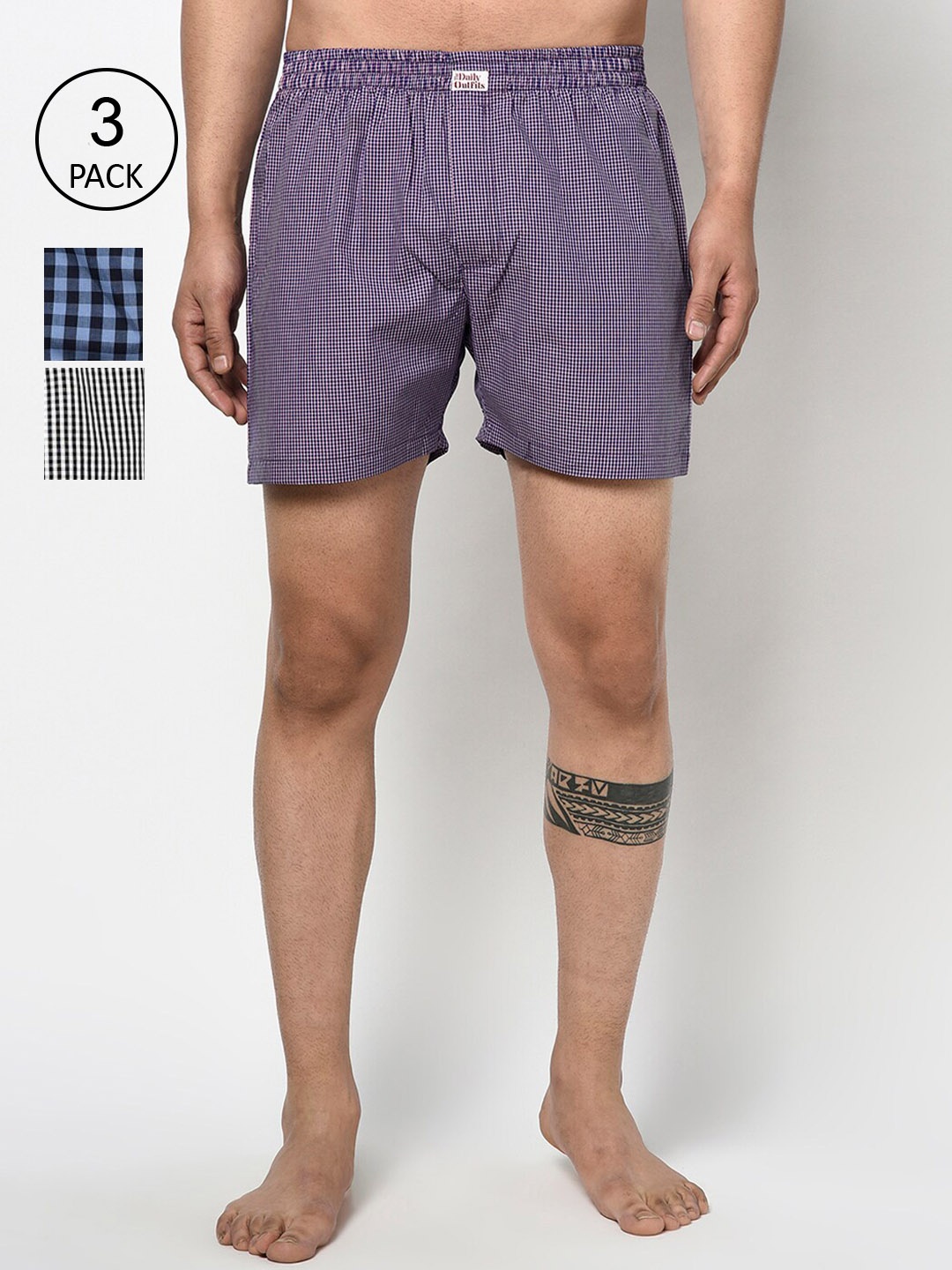 

THE DAILY OUTFITS Men Pack Of 3 Checked Pure Cotton Boxers, Blue