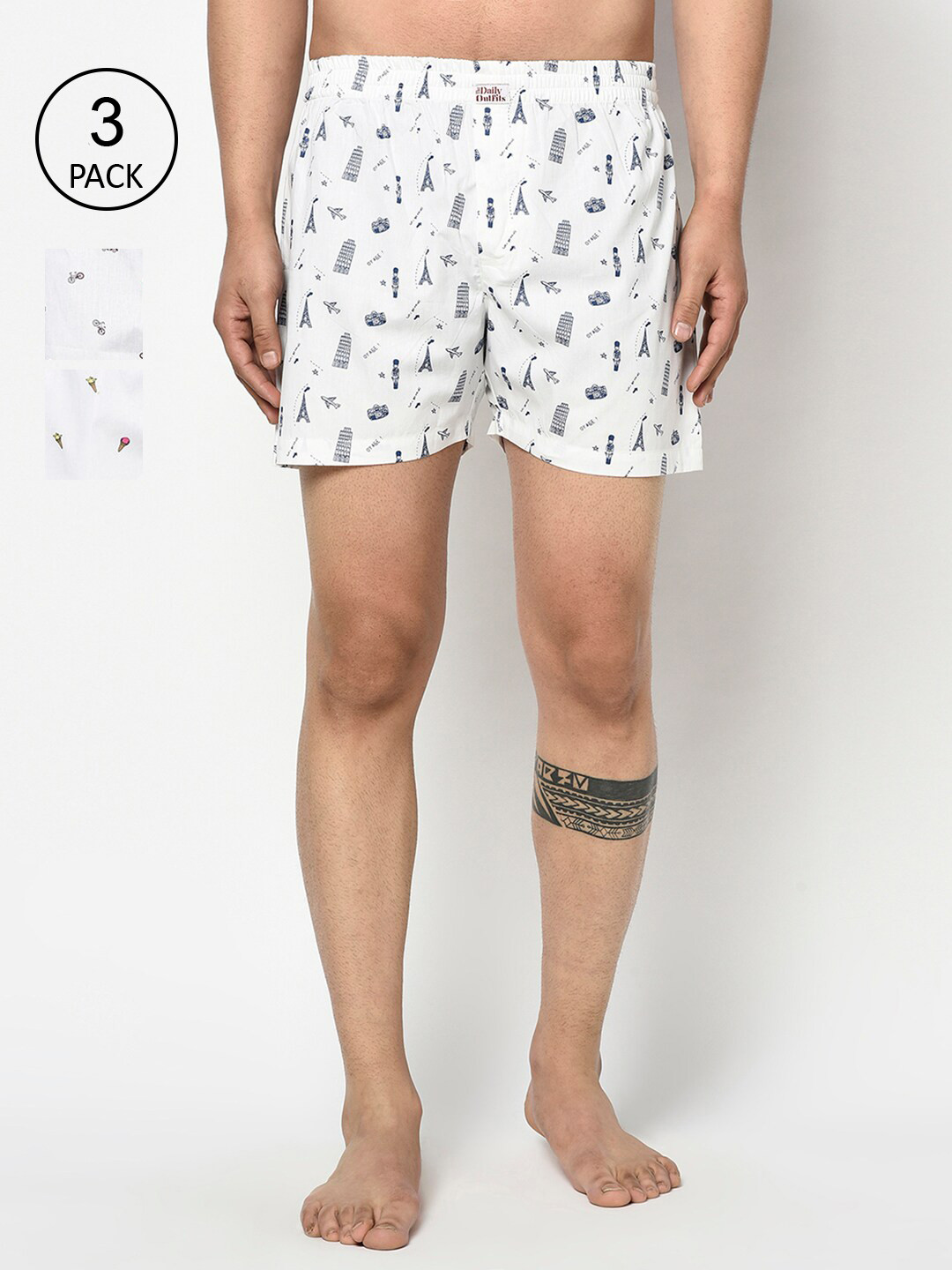 

THE DAILY OUTFITS Men Pack of 3 White Printed Pure Cotton Boxers
