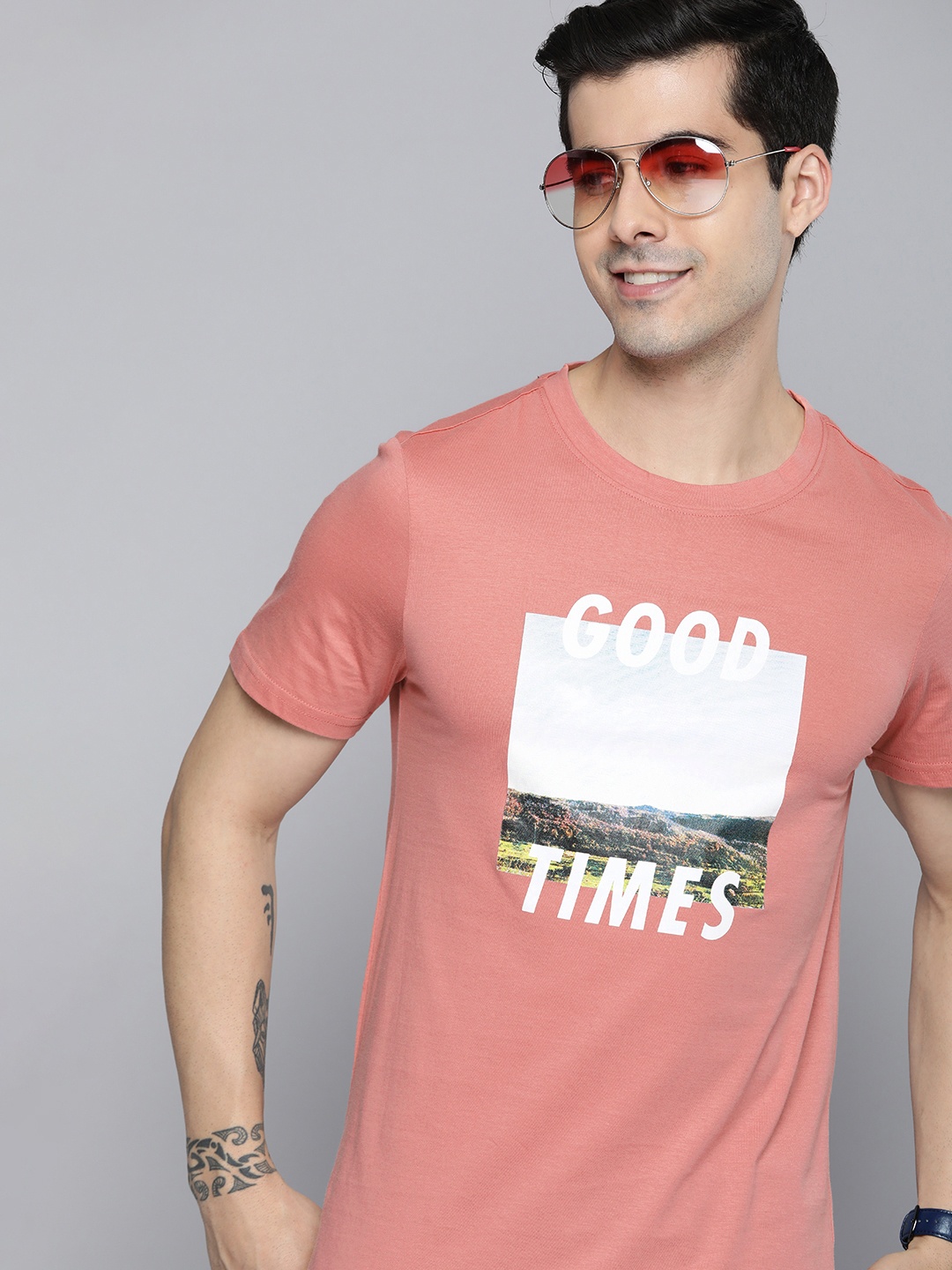 

Mast & Harbour Men Dusty Pink & White Typography Printed T-shirt