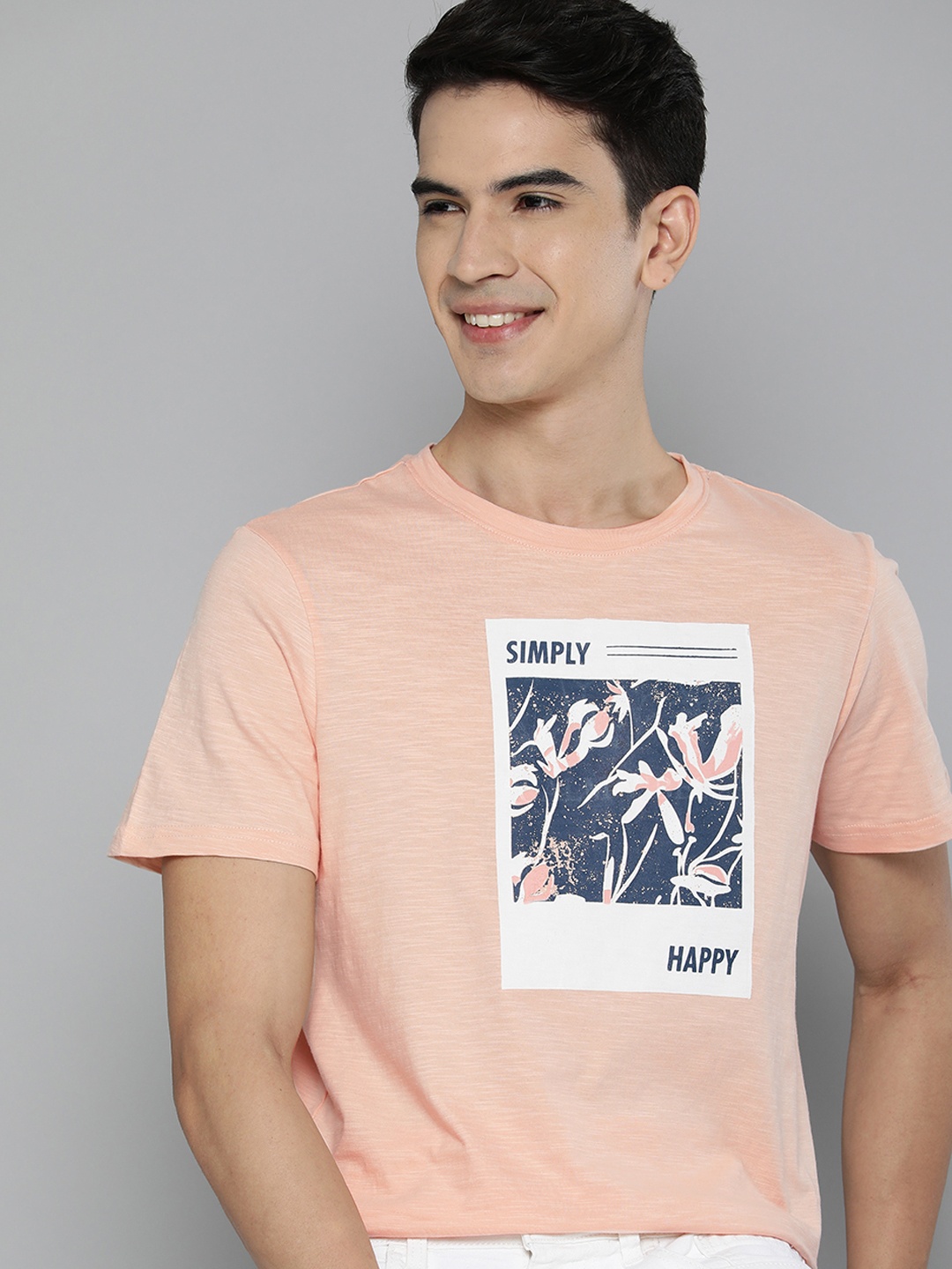 

Mast & Harbour Men Peach-Coloured Printed Pure Cotton Handcrafted T-shirt