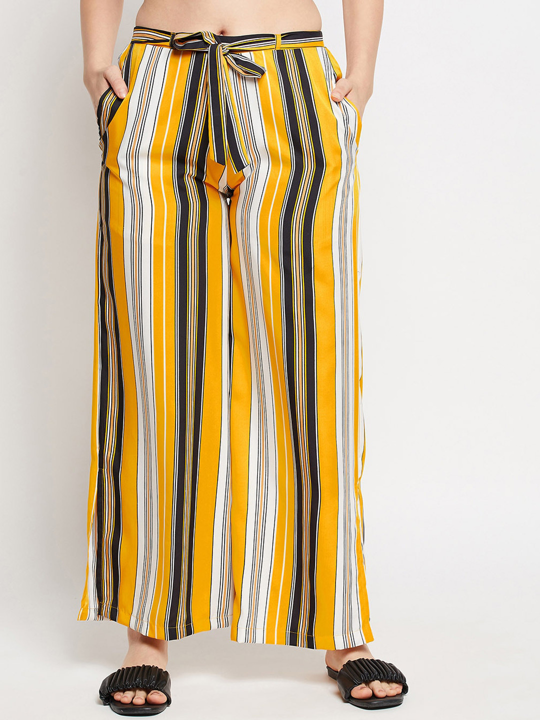 

Clovia Women Yellow & Green Striped Knitted Crepe Palazzos