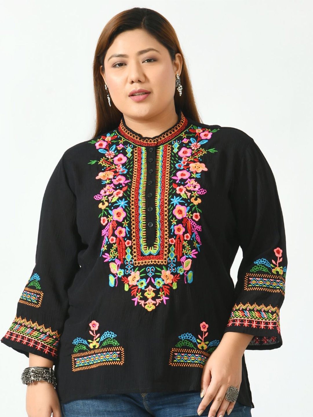 

SAAKAA Black Floral Mandarin Collar Top
