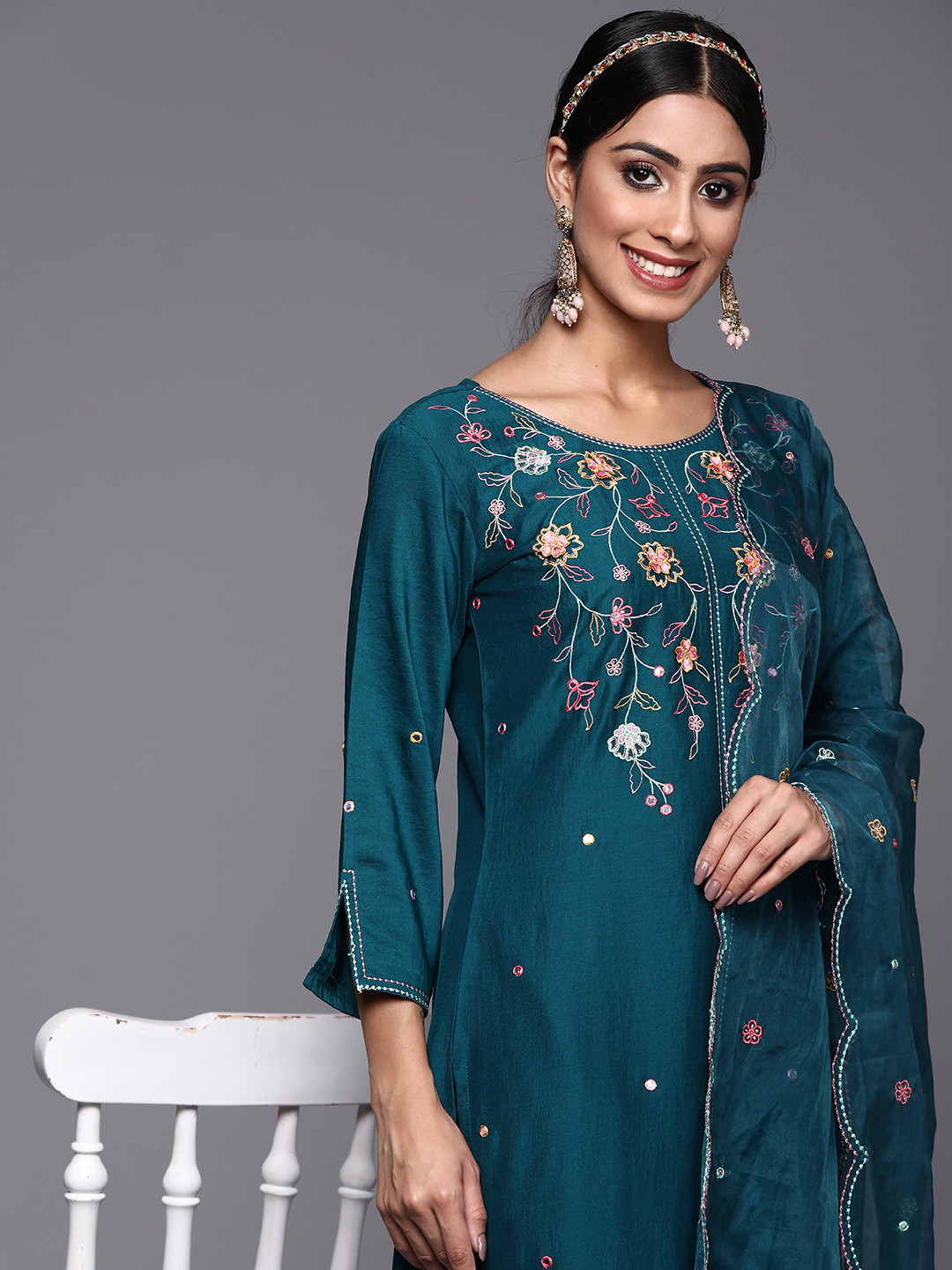 

Indo Era Women Teal Blue Floral Embroidered Thread Work Kurta with Trousers & Dupatta