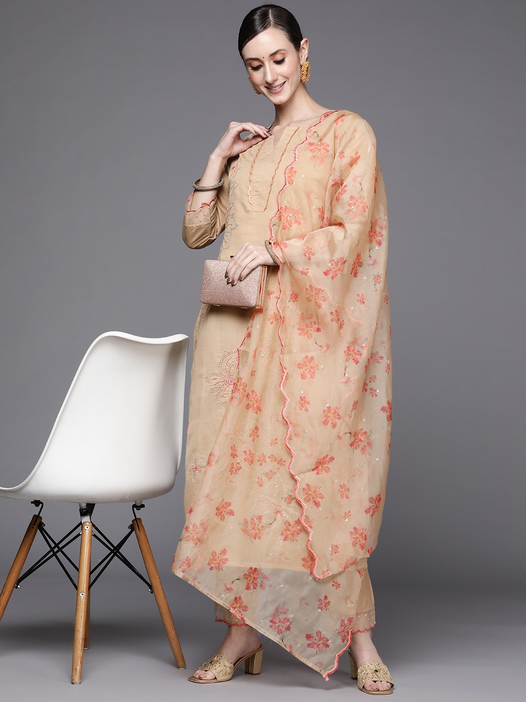 

Indo Era Women Beige Floral Embroidered Sequinned Kurta with Trousers & Dupatta