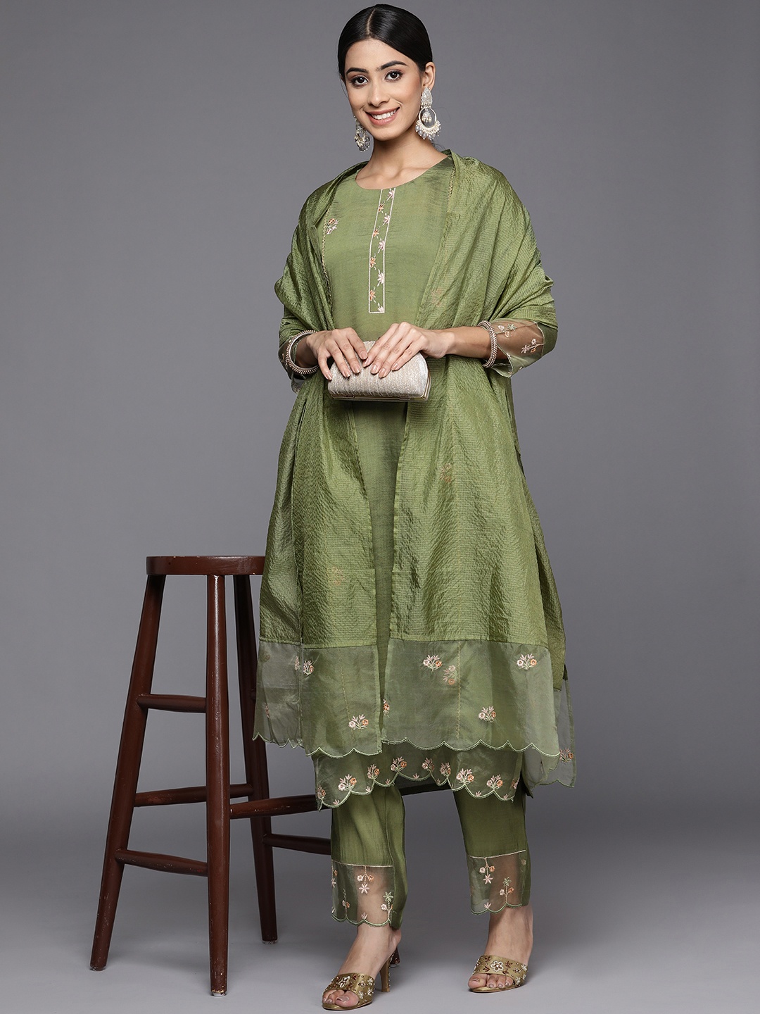 

Indo Era Women Green Floral Embroidered Panelled Thread Work Kurta with Trousers & Dupatta