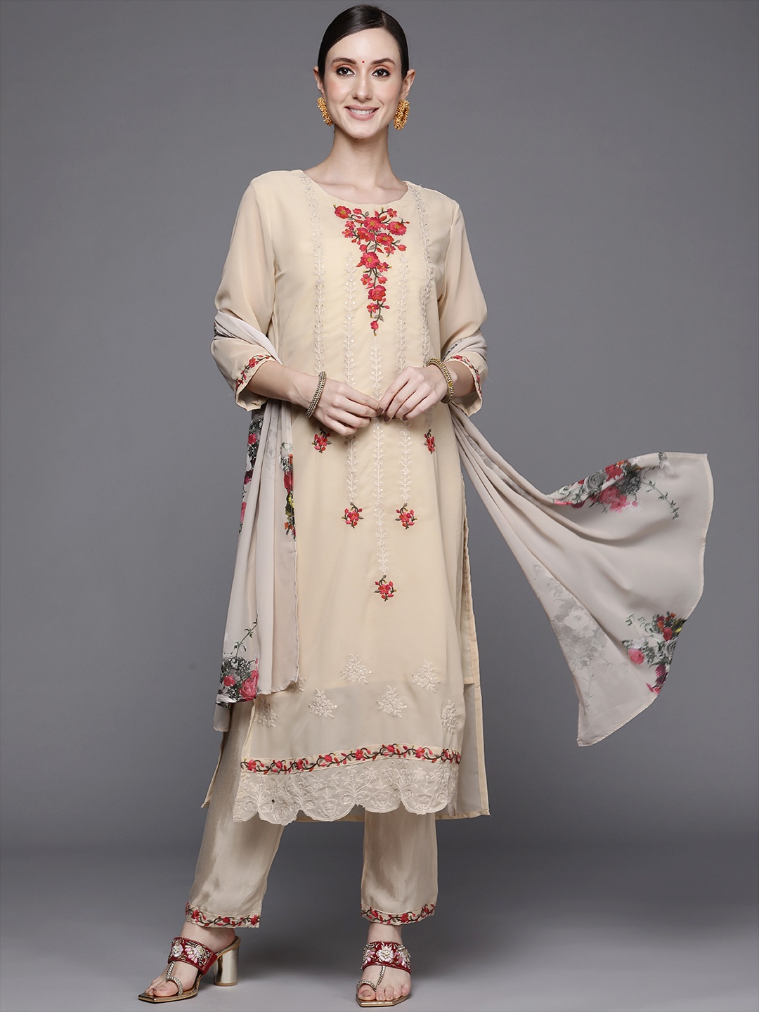 

Indo Era Women Cream-Coloured Floral Embroidered Kurta with Trousers & Dupatta