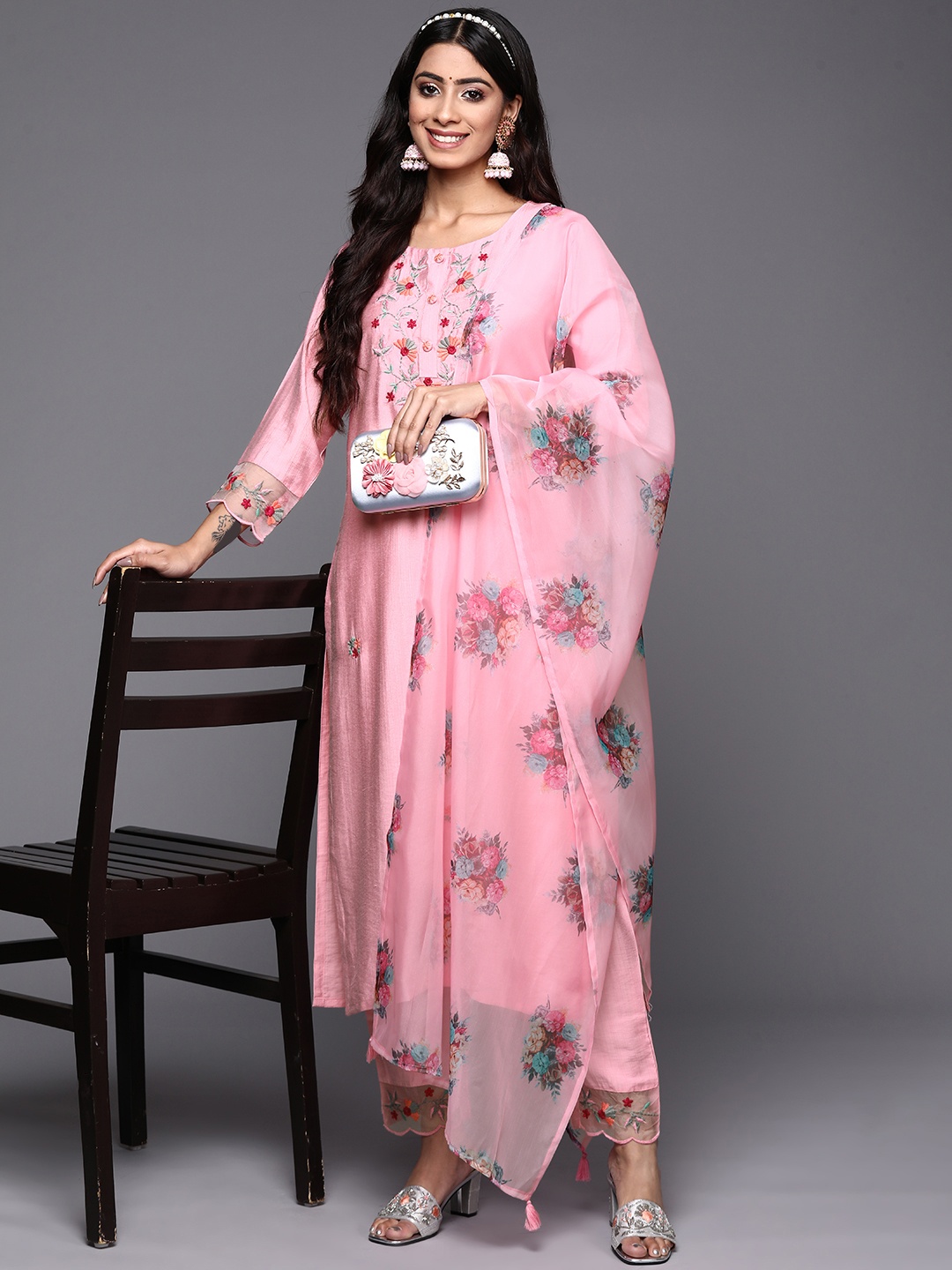 

Indo Era Women Pink & Red Floral Yoke Design Straight Trousers & With Dupatta
