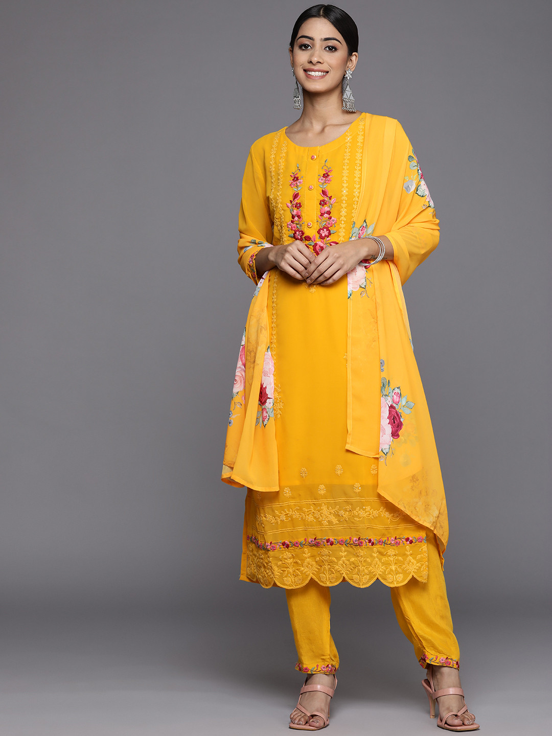 

Indo Era Women Yellow & Pink Floral Embroidered Thread Work Kurta with Trousers & Dupatta