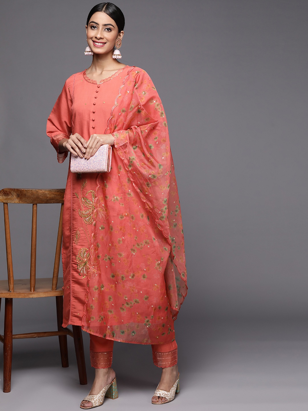 

Indo Era Women Rust Floral Embroidered Sequinned Kurta with Trousers & With Dupatta