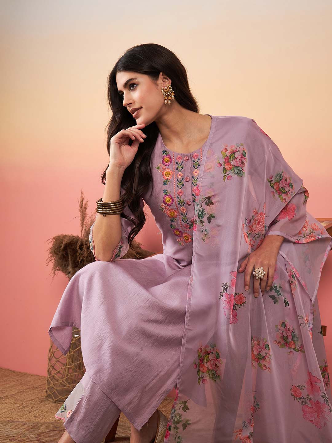 

Indo Era Women Lavender Floral Yoke Design Thread Work Kurta with Trousers & With Dupatta