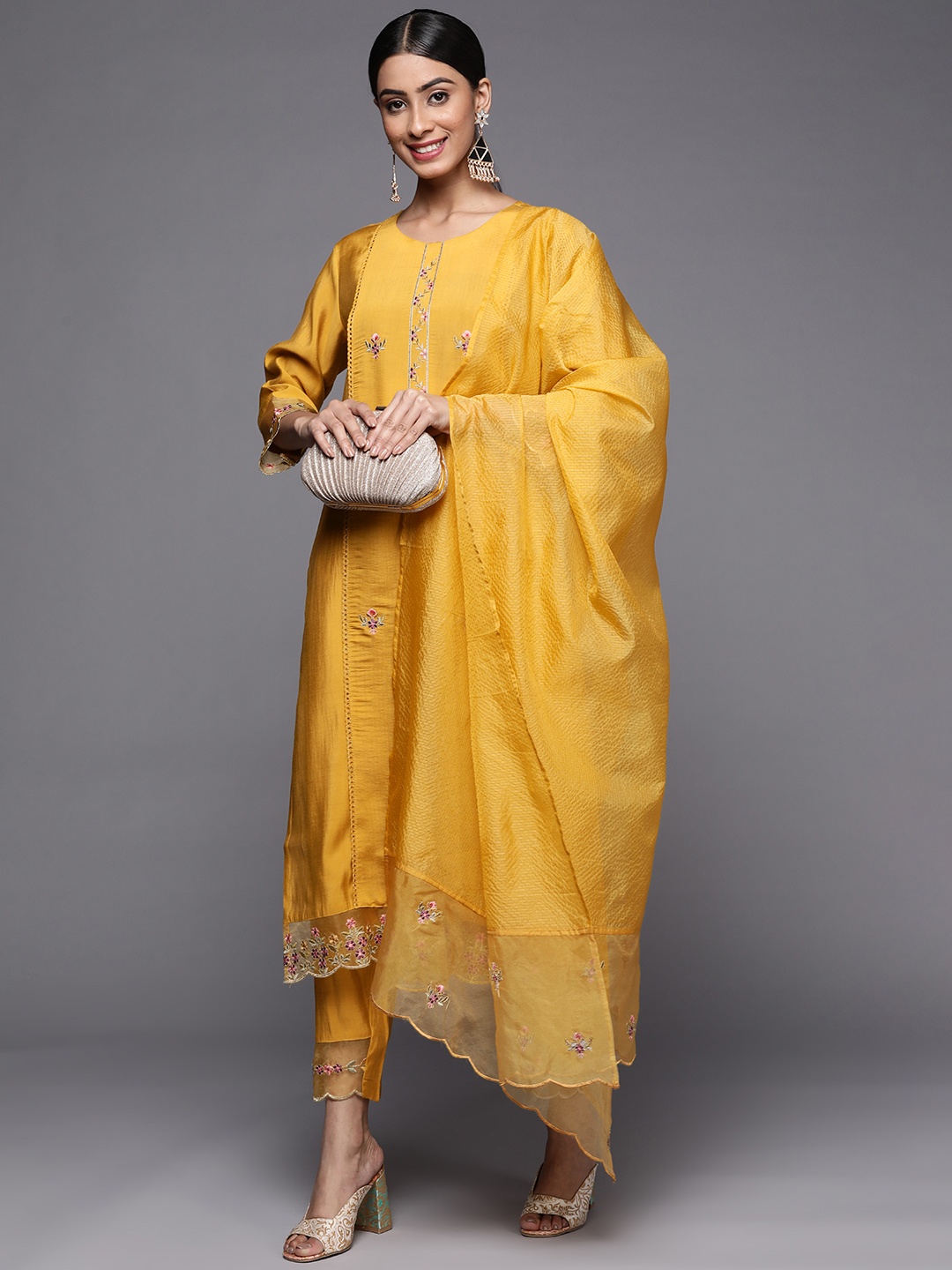 

Indo Era Women Yellow Floral Embroidered Panelled Kurta with Trousers & Dupatta