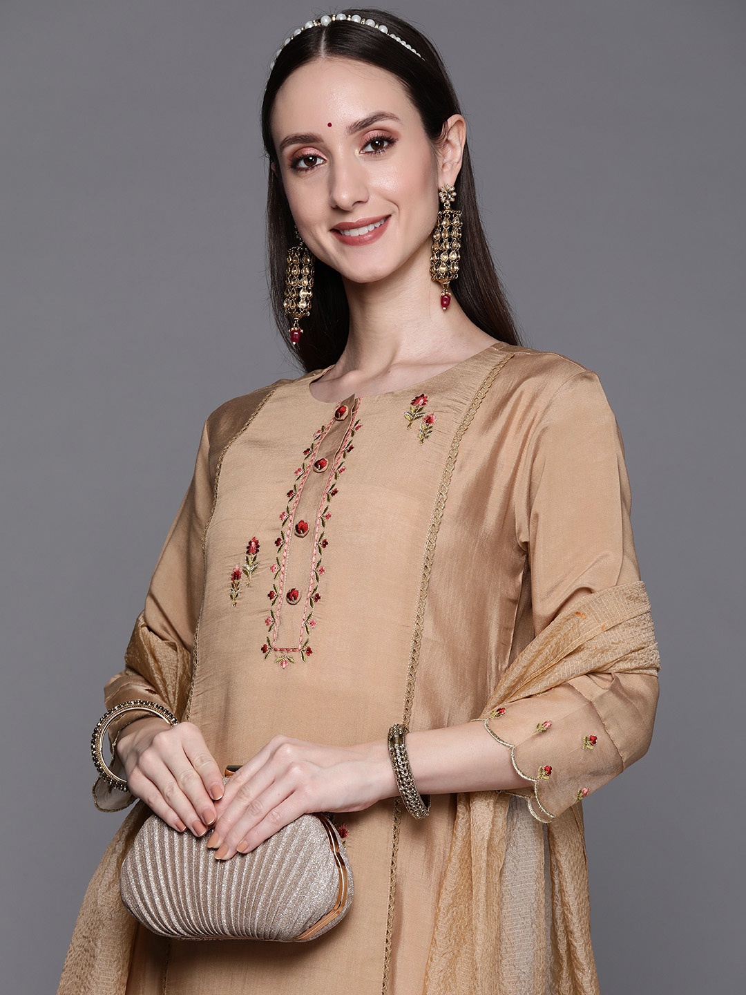 

Indo Era Women Beige Floral Embroidered Kurta with Trousers & Dupatta