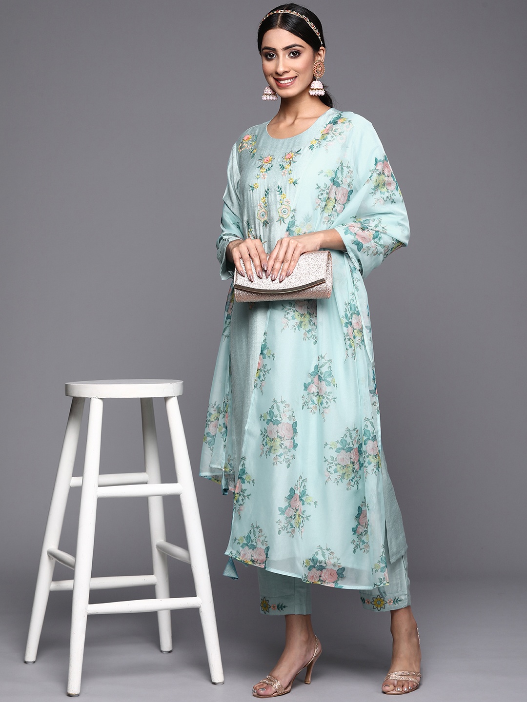 

Indo Era Women Blue Floral Embroidered Thread Work Kurta with Trousers & Dupatta