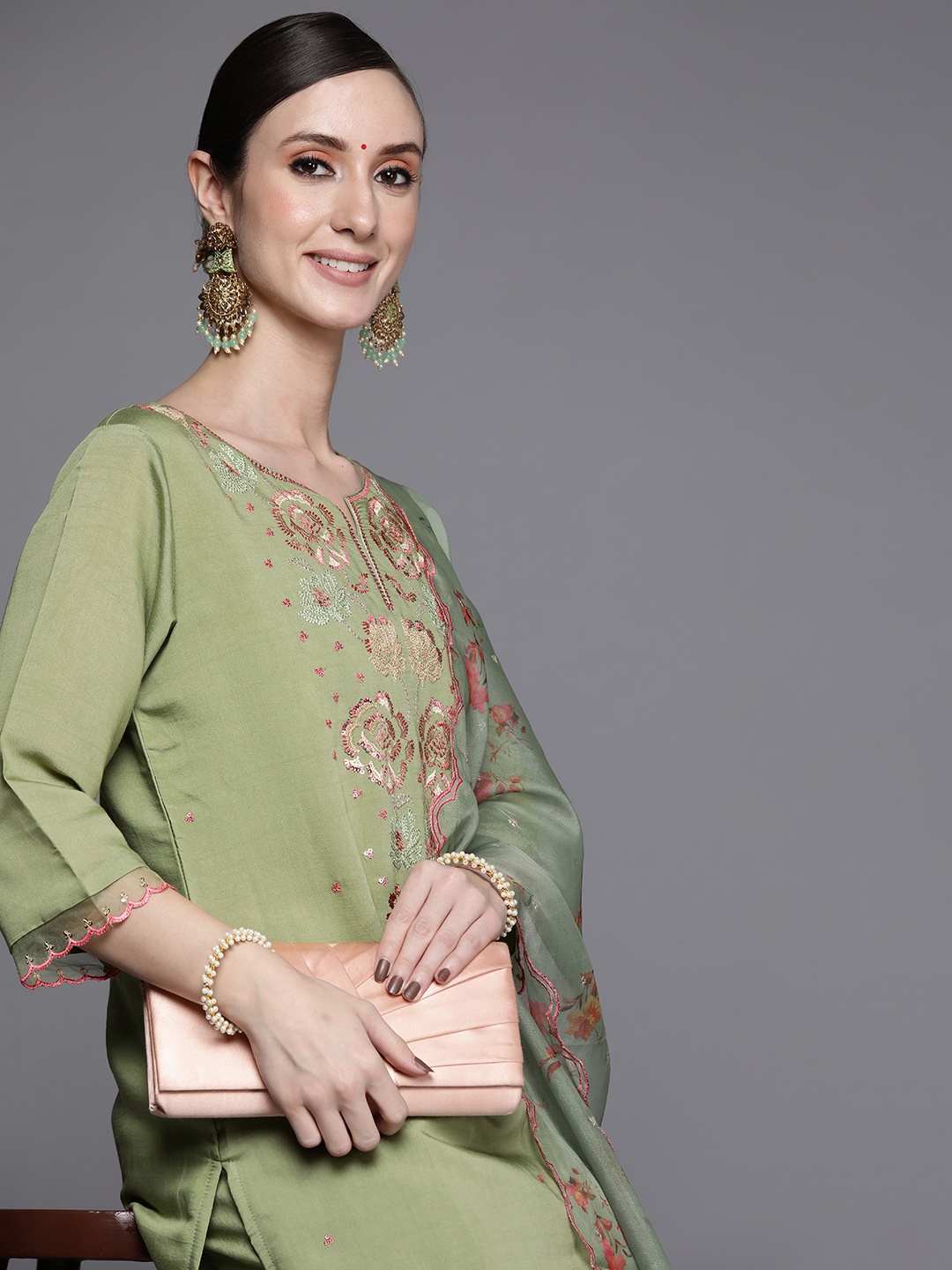 

Indo Era Women Green Floral Embroidered Thread Work Kurta with Trousers & With Dupatta