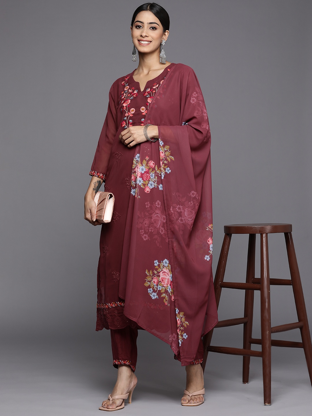 

Indo Era Women Maroon Floral Embroidered Kurta with Trousers & Dupatta