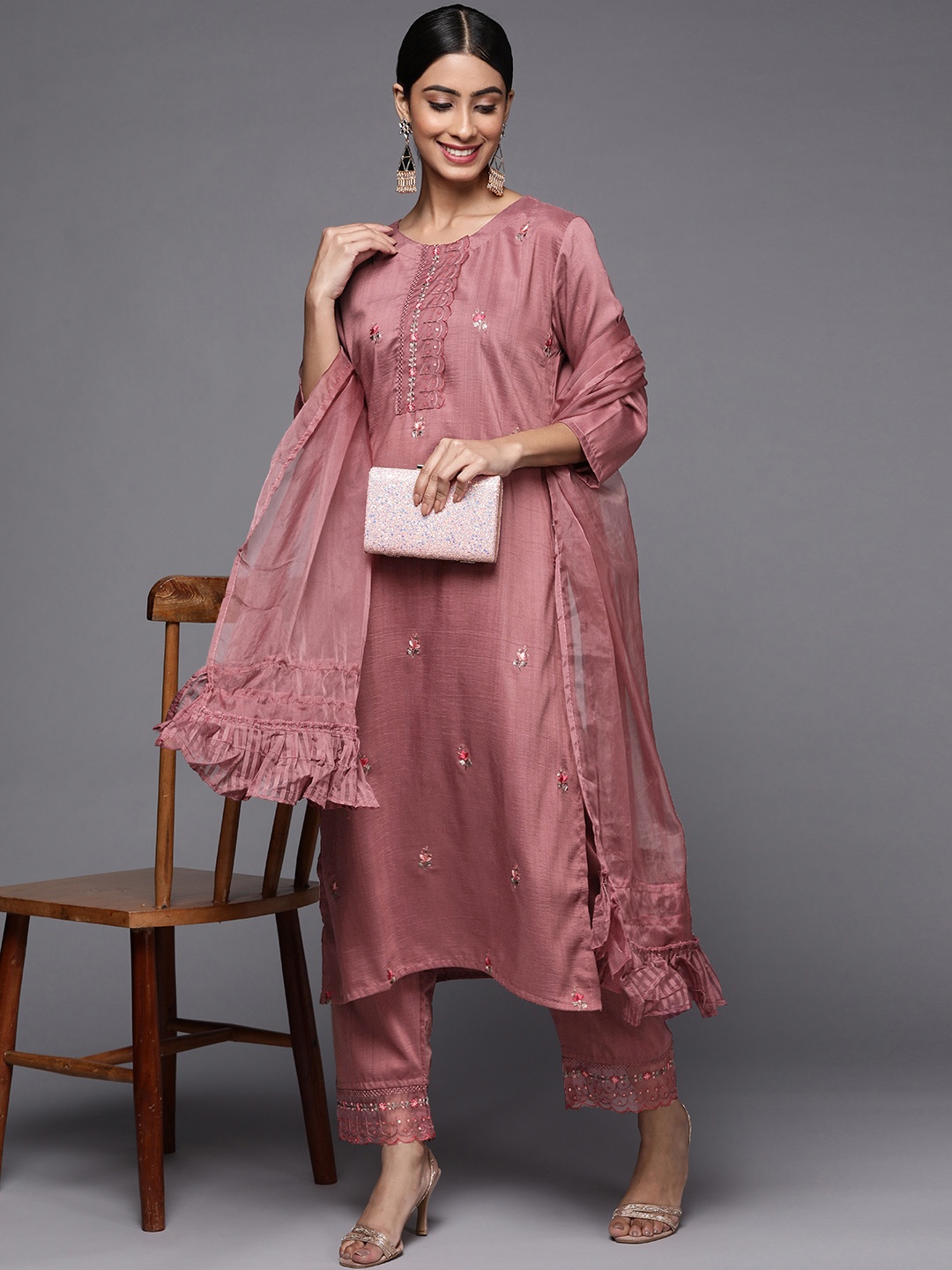 

Indo Era Women Mauve Floral Embroidered Kurta with Trousers & Dupatta