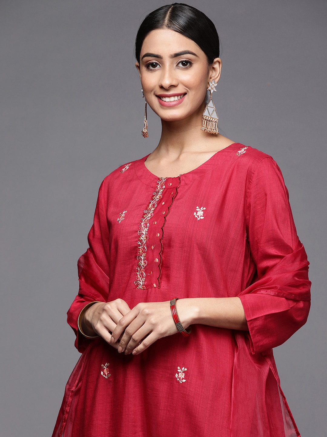 

Indo Era Women Red Floral Embroidered Kurta with Trousers & Dupatta