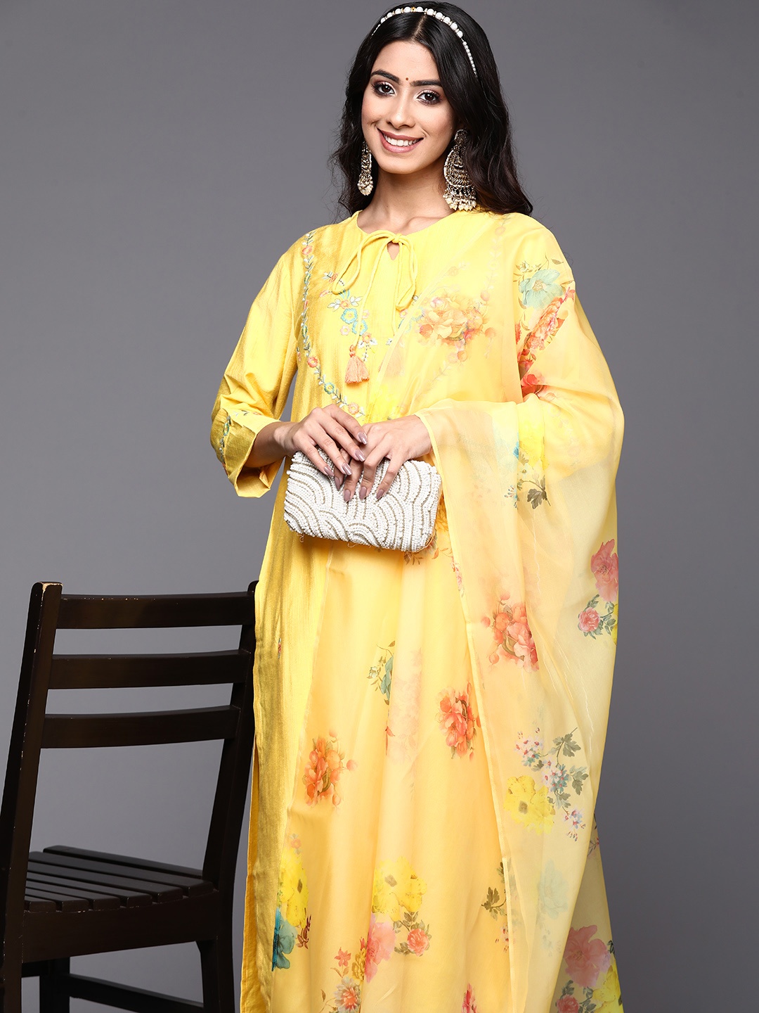 

Indo Era Women Yellow Floral Embroidered Thread Work Kurta with Trousers & With Dupatta