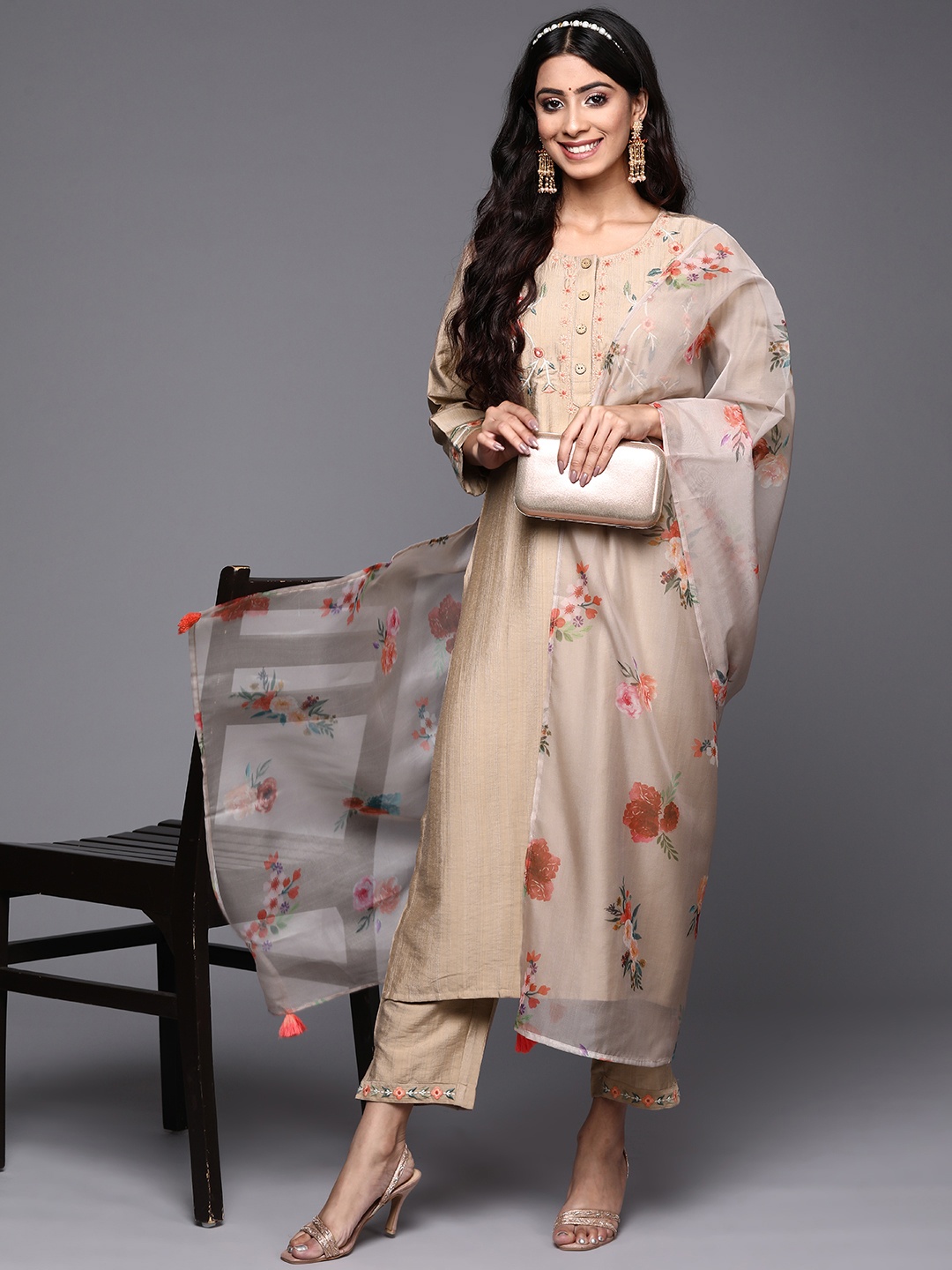 

Indo Era Women Beige & Orange Floral Yoke Design Straight Kurta with Trousers Dupatta