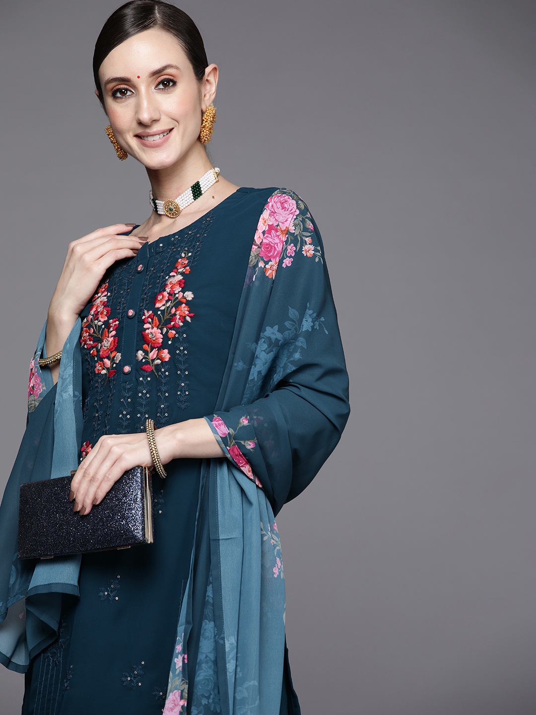 

Indo Era Women Teal Floral Embroidered Thread Work Kurta with Trousers & With Dupatta