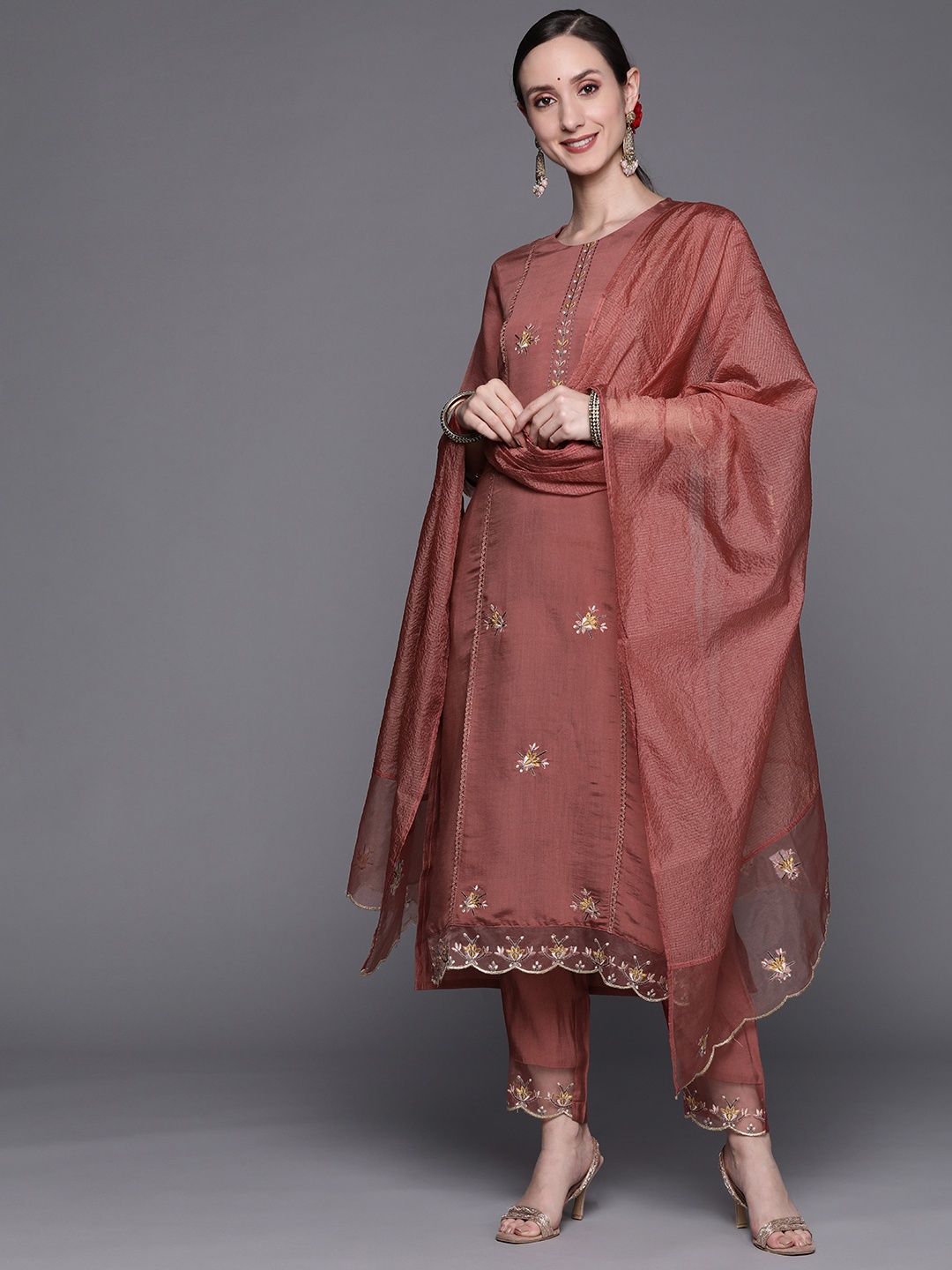 

Indo Era Women Brown Floral Embroidered Thread Work Kurta with Trousers & With Dupatta