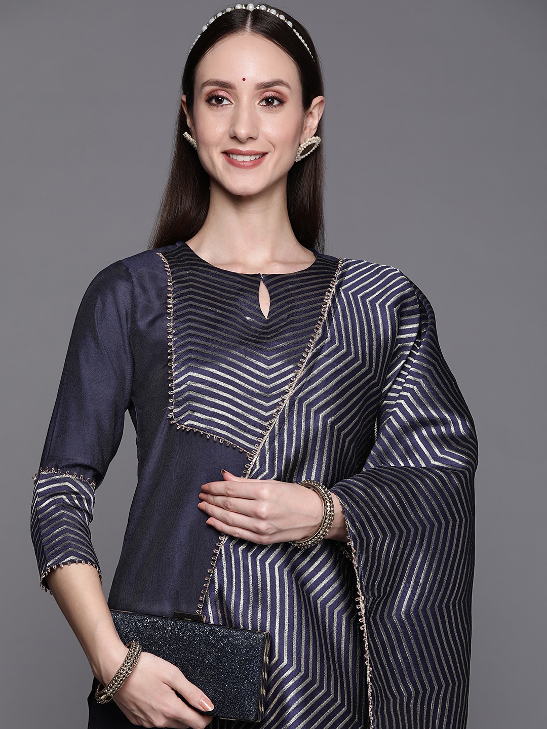 

Indo Era Women Navy Blue Yoke Design Kurta with Palazzos & Dupatta