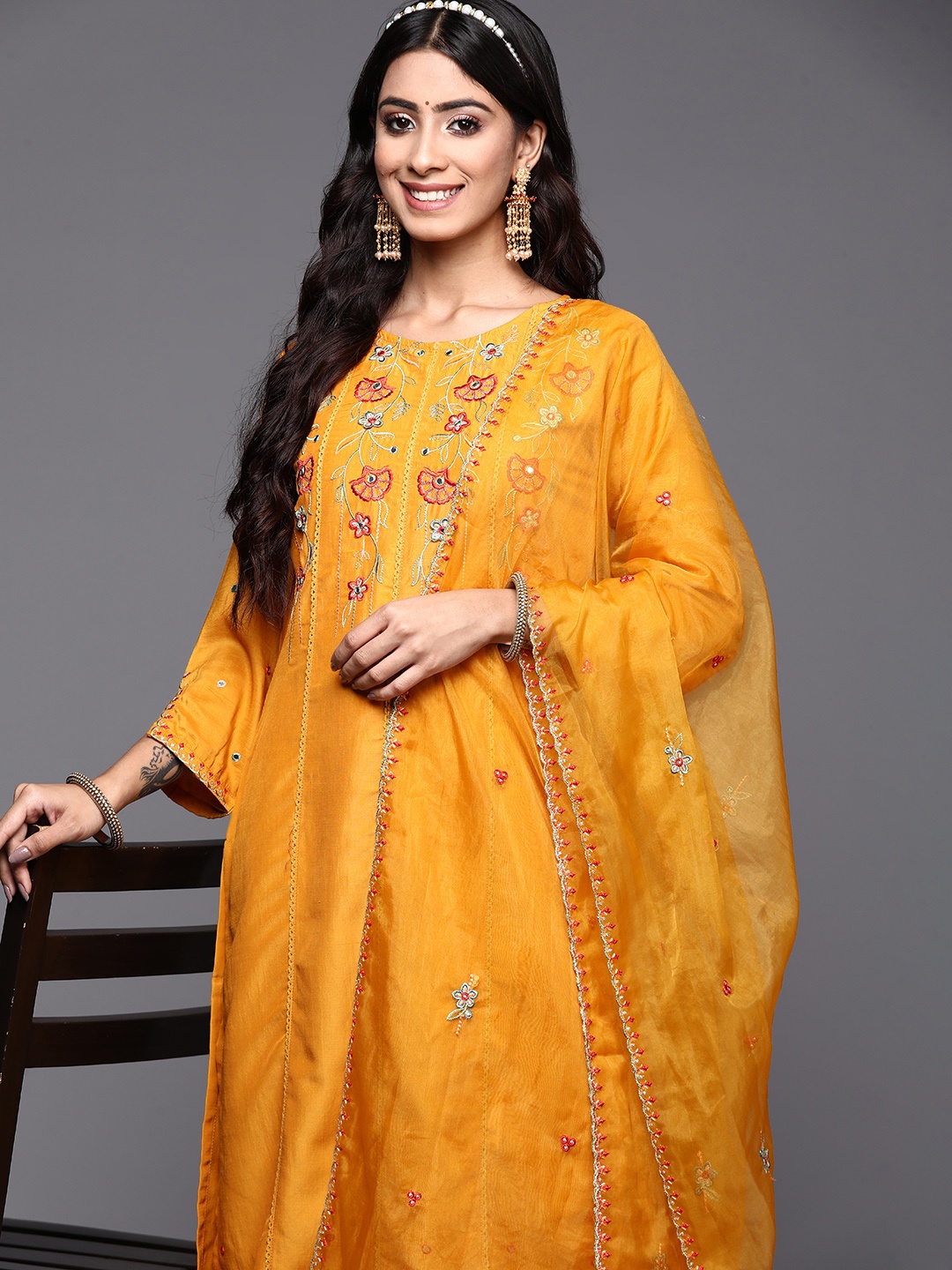 

Indo Era Mustard Yellow & Pink Floral Yoke Design Straight Kurta Trousers Dupatta
