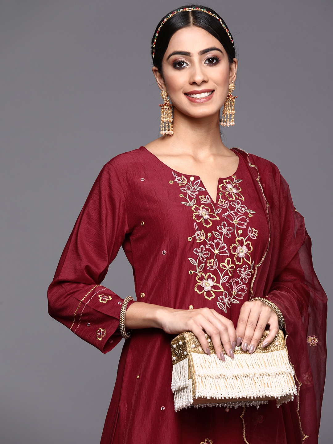 

Indo Era Women Maroon Floral Embroidered Thread Work Kurta with Trousers & Dupatta