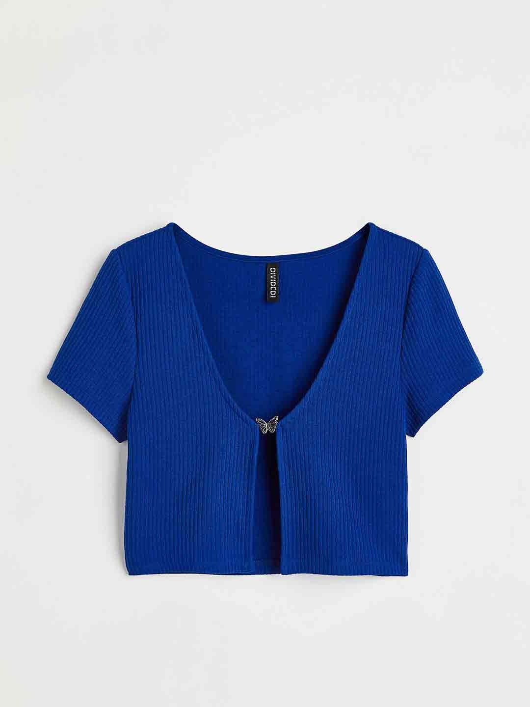 

H&M Women Blue Butterfly-Detail Ribbed Top