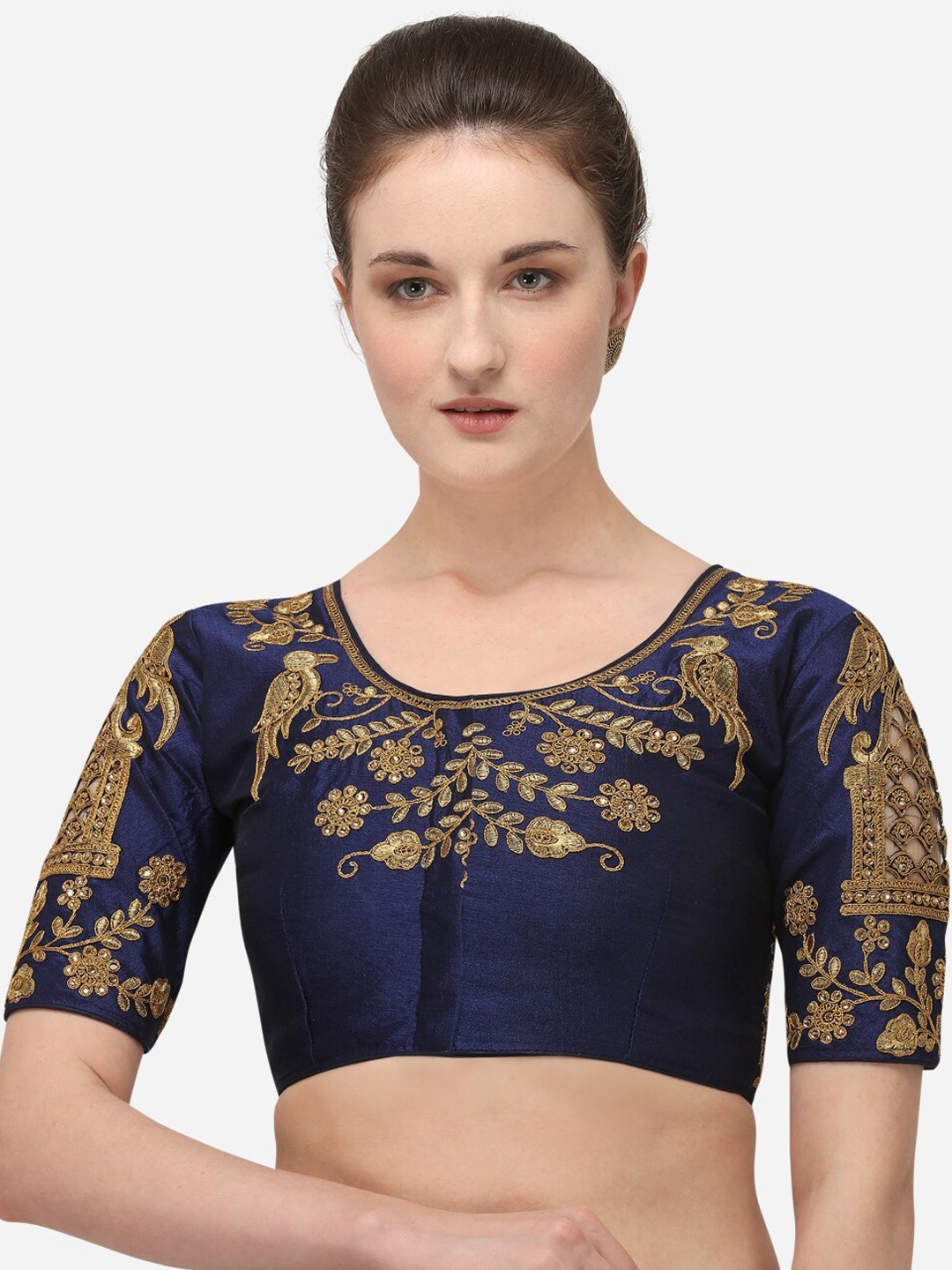 

Fab Dadu Women Navy Blue Embroidered Phantom Silk Saree Blouse