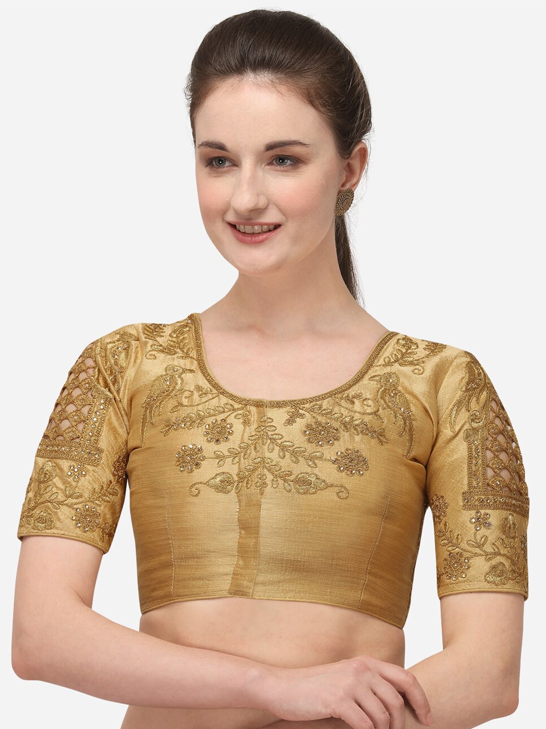 

Fab Dadu Women Beige Embroidered Silk Readymade Saree Blouse