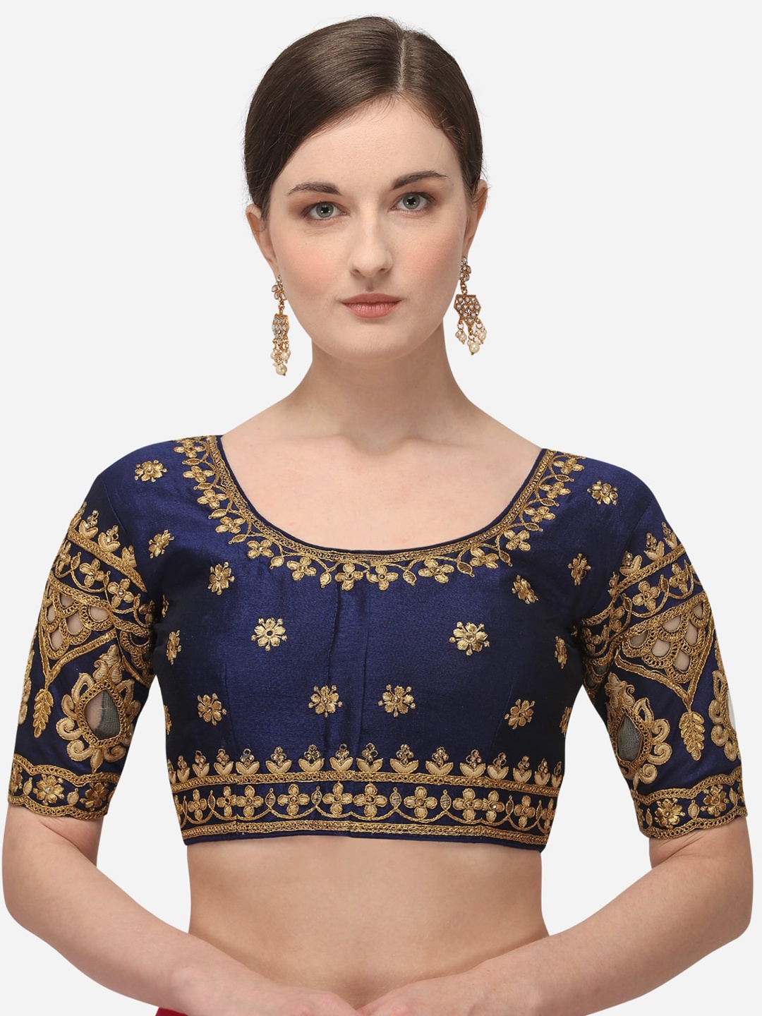 

Fab Dadu Women Navy Blue & Gold Embroidered Silk Readymade Saree Blouse