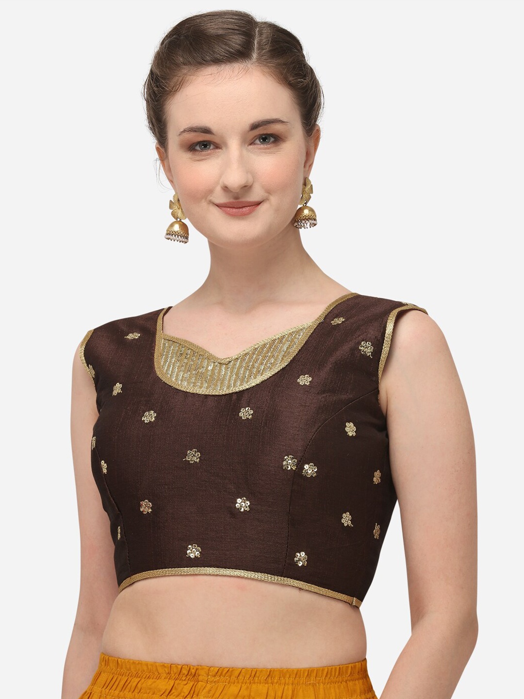 

Fab Dadu Women Brown Embroidered Silk Readymade Saree Blouse