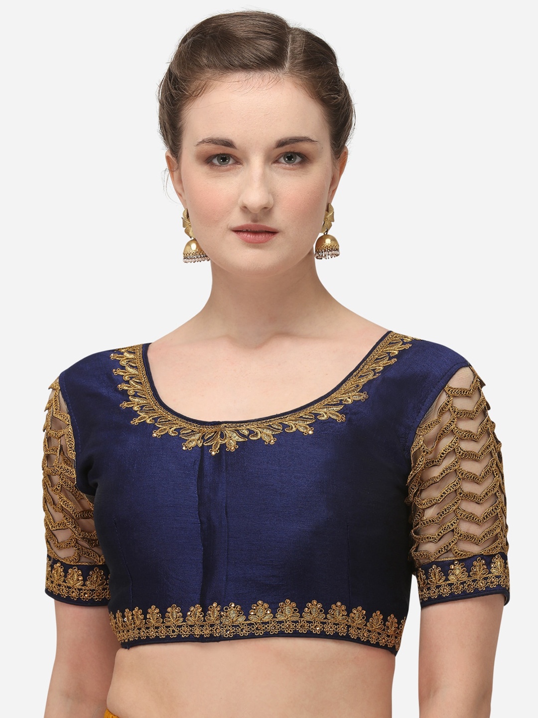 

Fab Dadu Women Navy Blue Embroidered Silk Readymade Saree Blouse