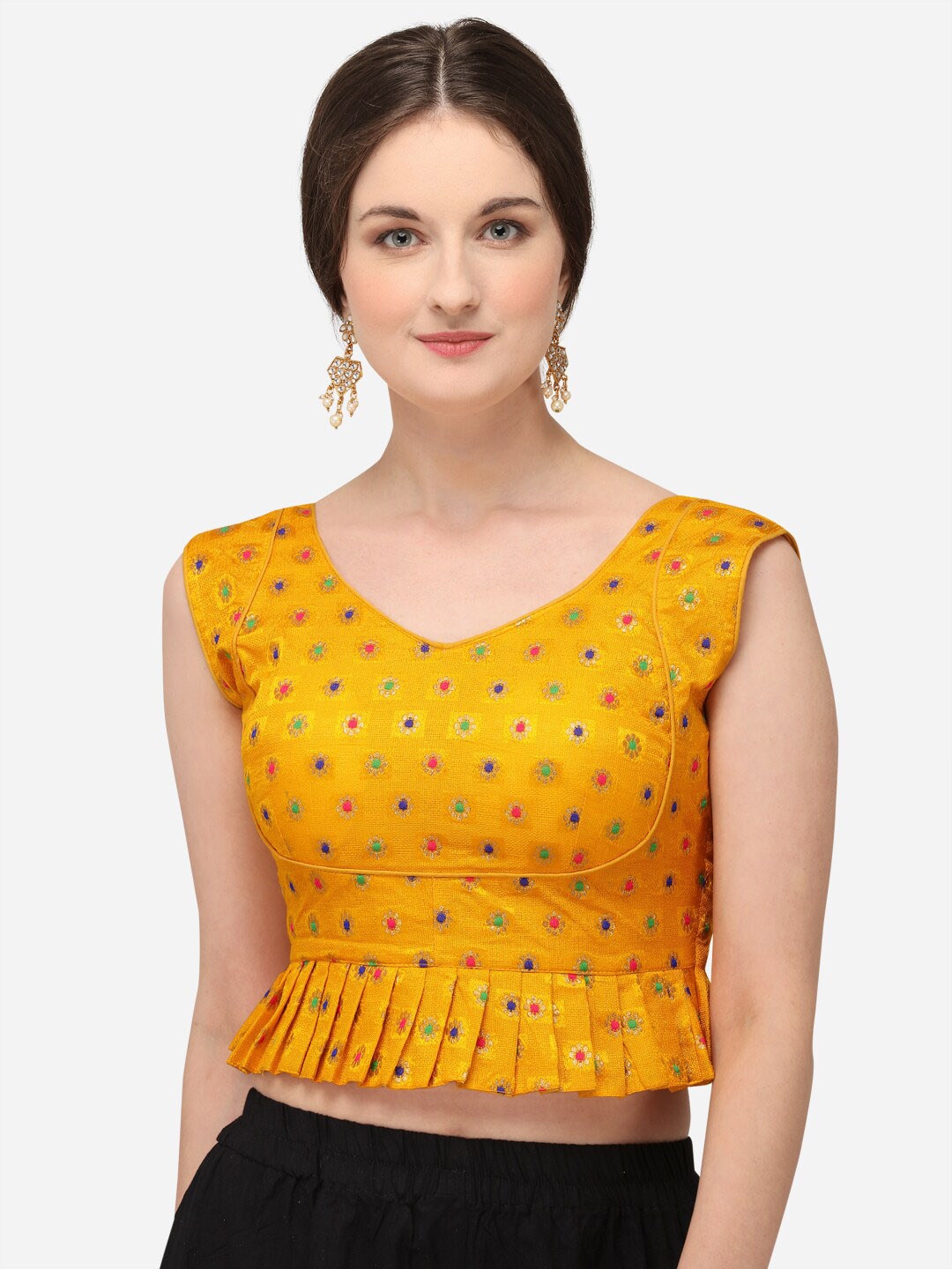 

Fab Dadu Women Yellow Printed Jacquard Saree Blouse