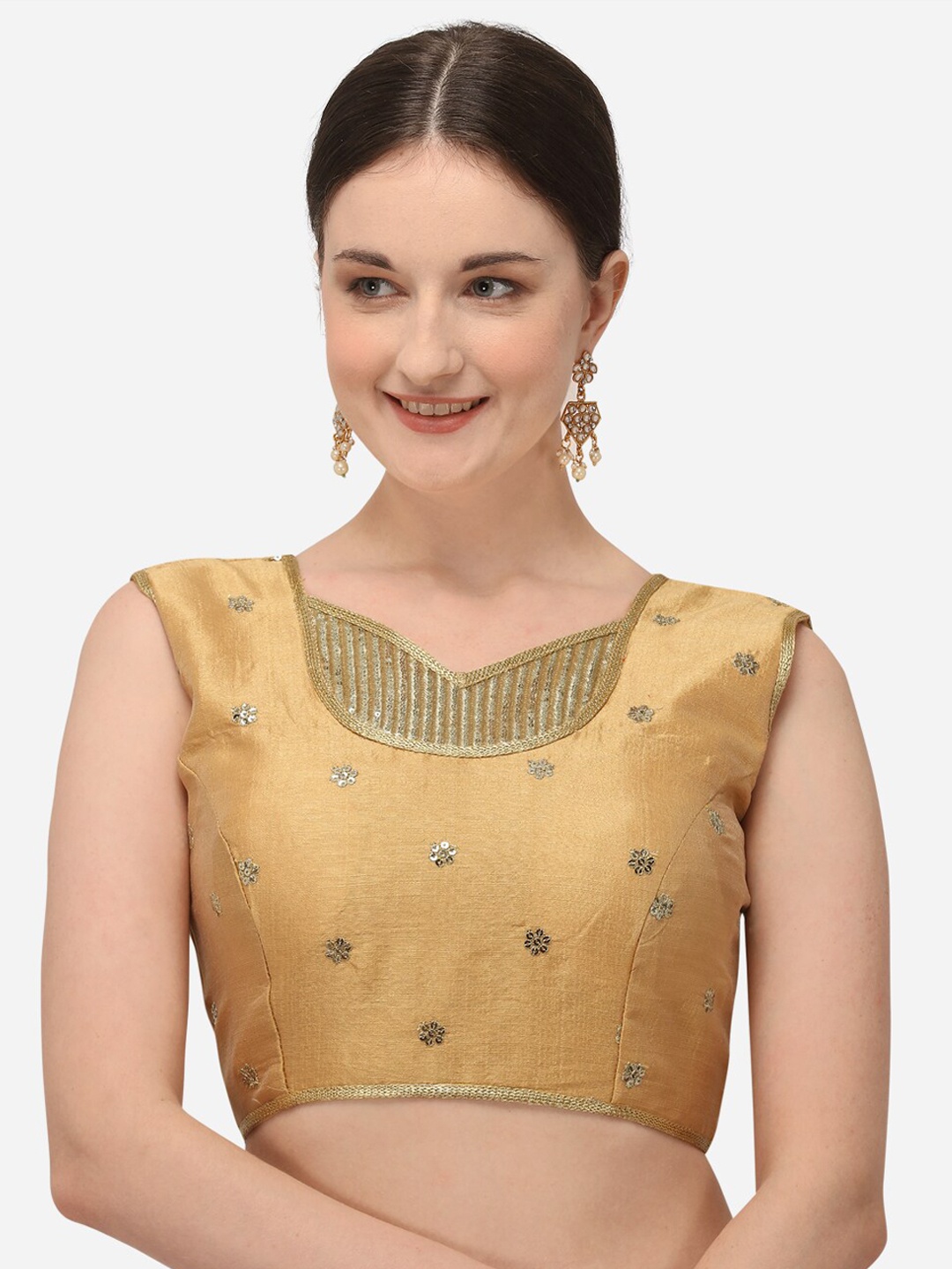 

Fab Dadu Women Beige Embroidered Silk Readymade Saree Blouse