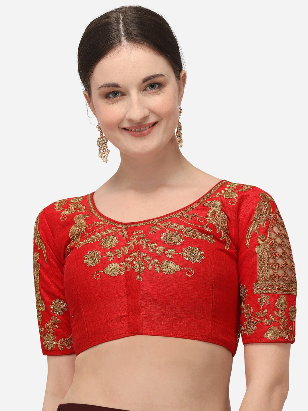 

Fab Dadu Women Red Embroidered Silk Readymade Saree Blouse