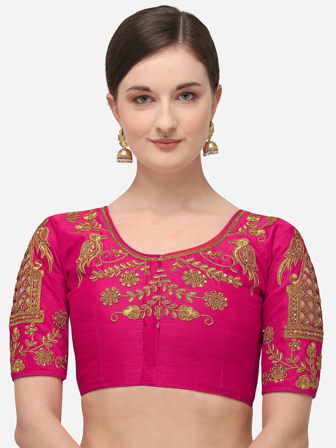 

Fab Dadu Women Pink Embroidered Phantom Silk Saree Blouse