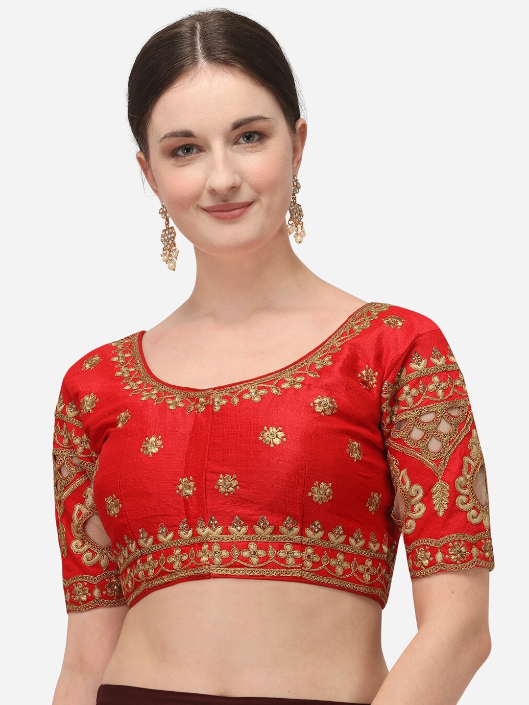 

Fab Dadu Women Red Embroidered Phantom Silk Saree Blouse