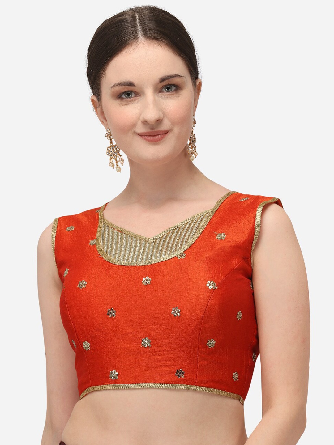 

Fab Dadu Women Orange Embroidered Phantom Silk Saree Blouse