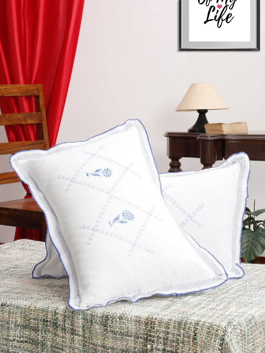 

HOSTA HOMES Pack Of 2 White & Blue Embroidered Pure Cotton 220 TC Pillow Covers