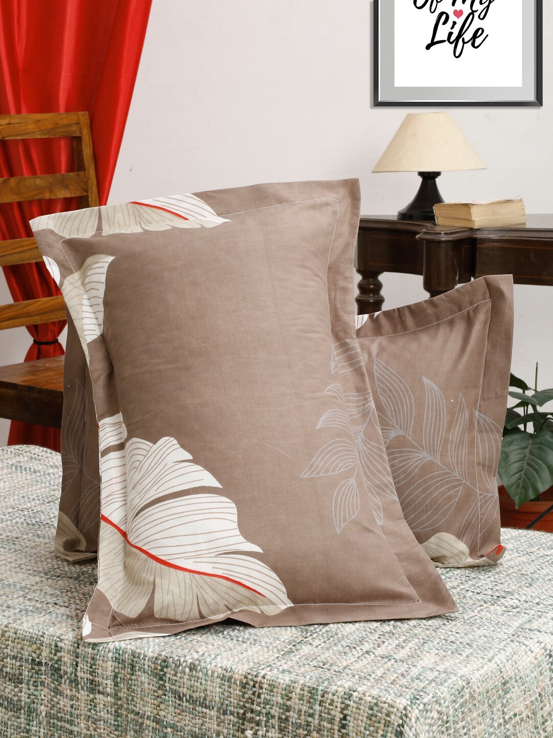 

HOSTA HOMES Pack Of 2 Grey Printed 280 TC Pillow Covers, Brown