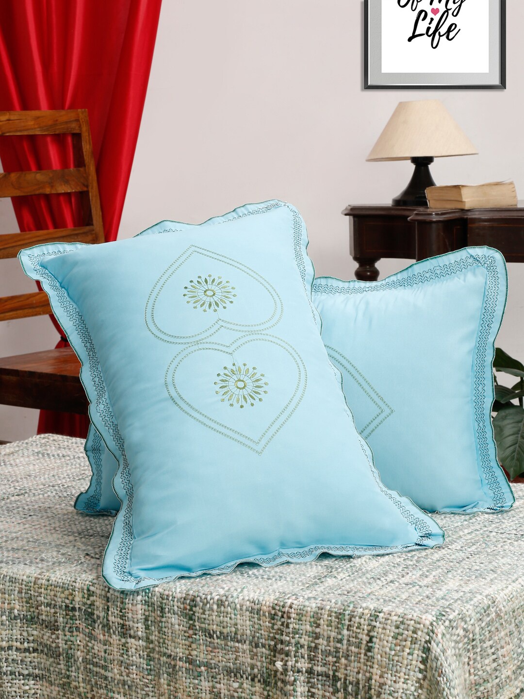 

HOSTA HOMES Pack of 2 Embroidered 220 TC Pillow Covers, Blue