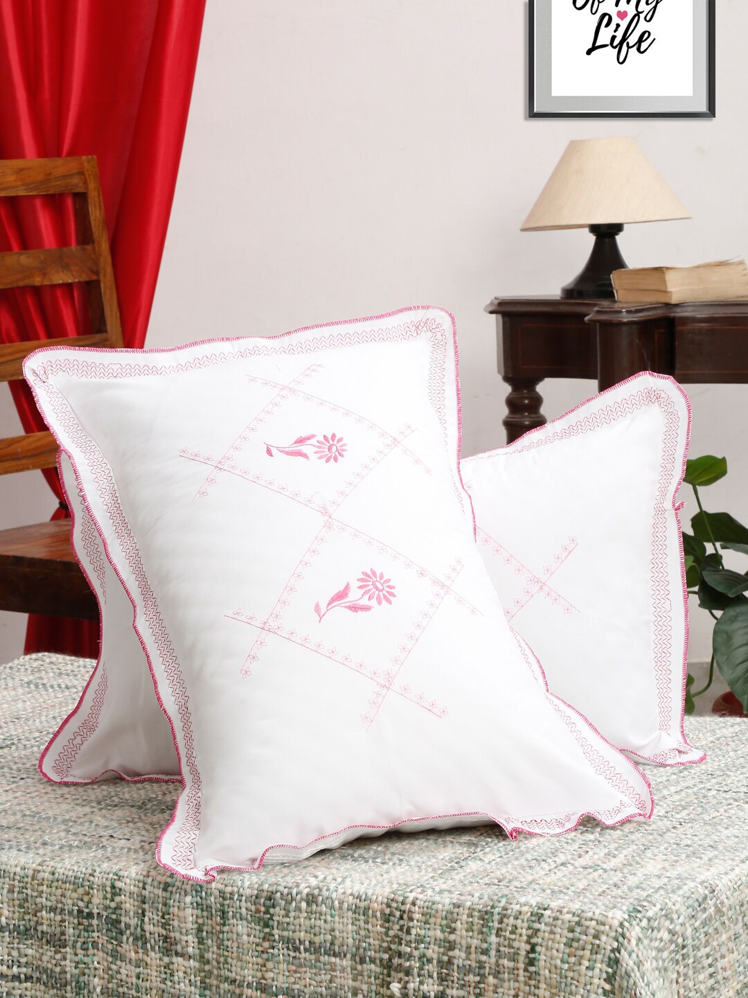 

HOSTA HOMES Set of 2 White Embroidered Pure Cotton Pillow Covers