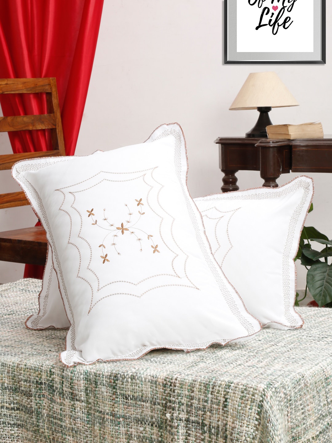 

HOSTA HOMES Pack Of 2 White & Brown Embroidered Pure Cotton 220 TC Pillow Covers