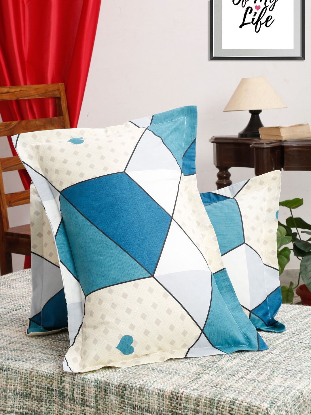 

HOSTA HOMES Set Of 2 White & Blue Printed Micro Cotton 280 TC Pillow Covers