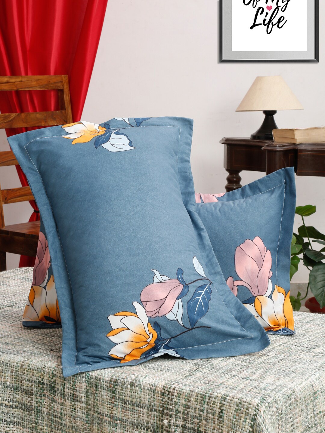 

HOSTA HOMES Pack Of 2 Blue Printed Micro Cotton 280 TC Pillow Covers