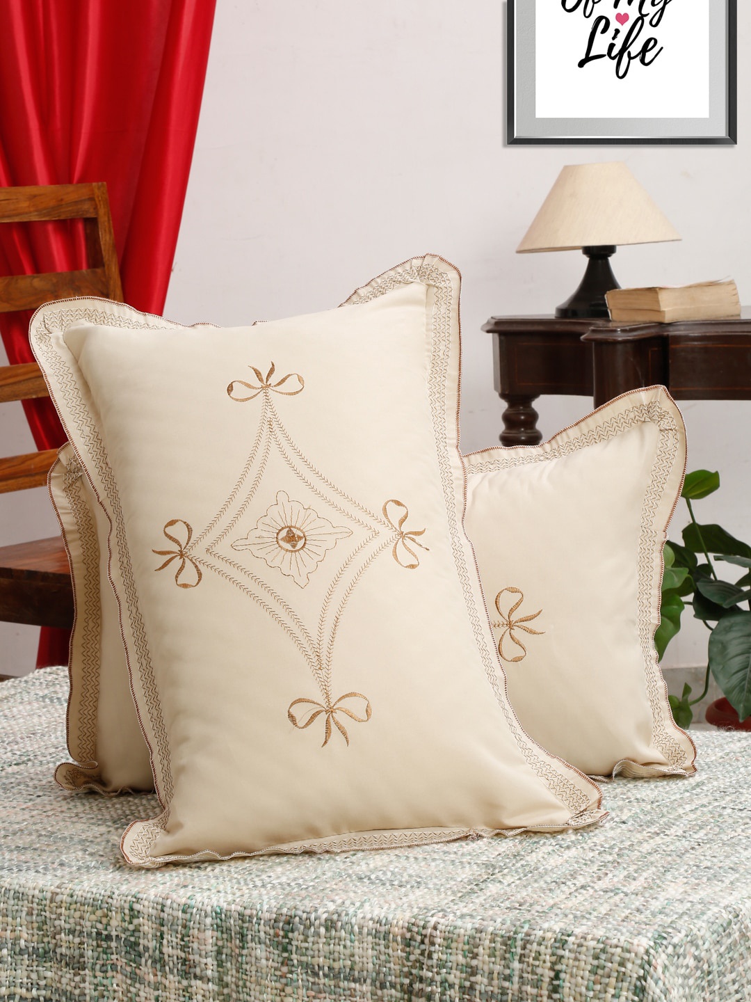 

HOSTA HOMES Beige Pack of 2 Embroidered Pure Cotton 220 TC Pillow Covers