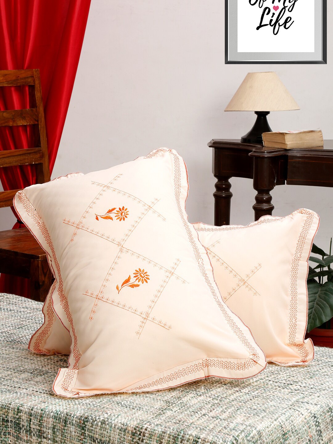 

HOSTA HOMES Set Of 2 Orange Coloured Embroidered 280 TC Pure Cotton Pillow Covers